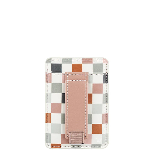 Checkered magnetic wallet with pink leather tab and vertical card holder