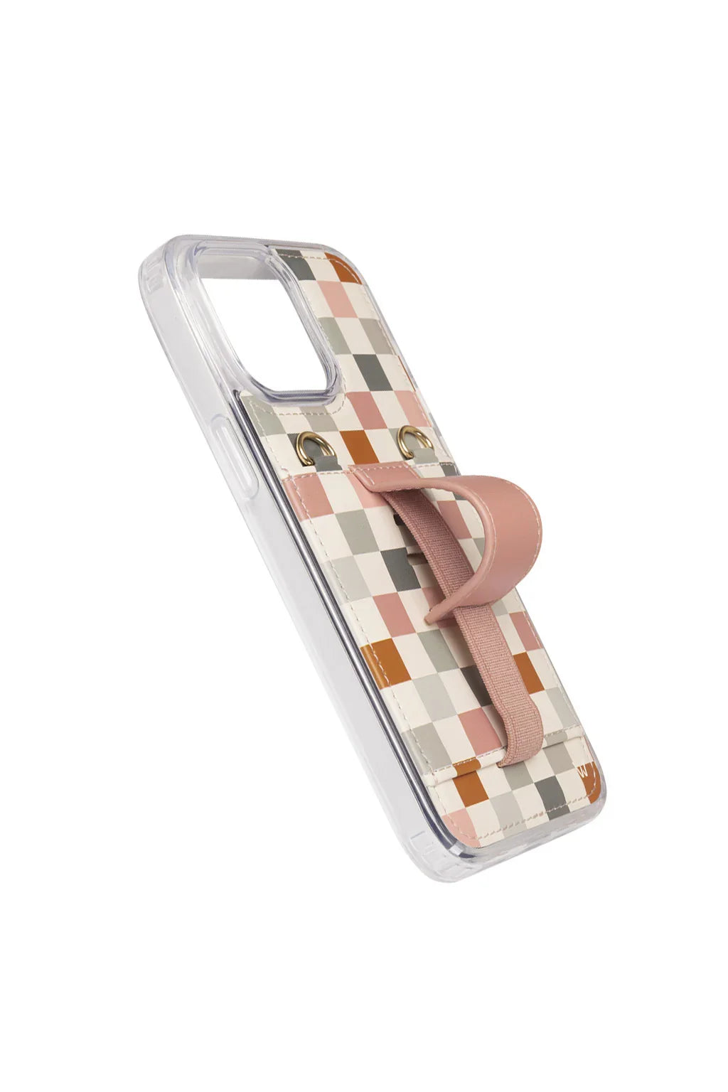Phone purse case with plaid check pattern and wrist strap, clear protective back