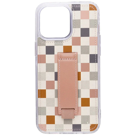 Phone case with clear border, multicolor check pattern, tan strap holder