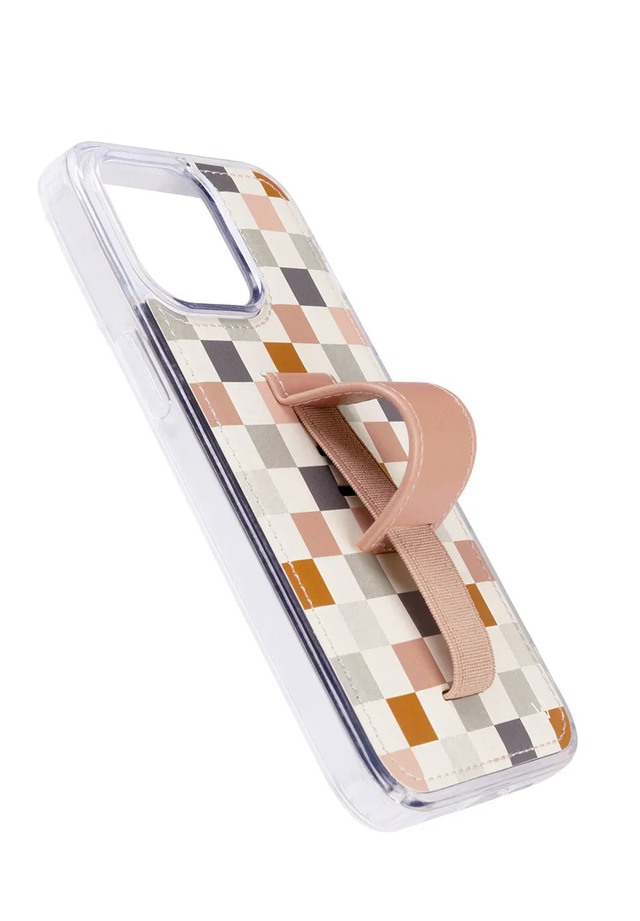 Clear phone case with coastal check pattern and tan wrist strap loop