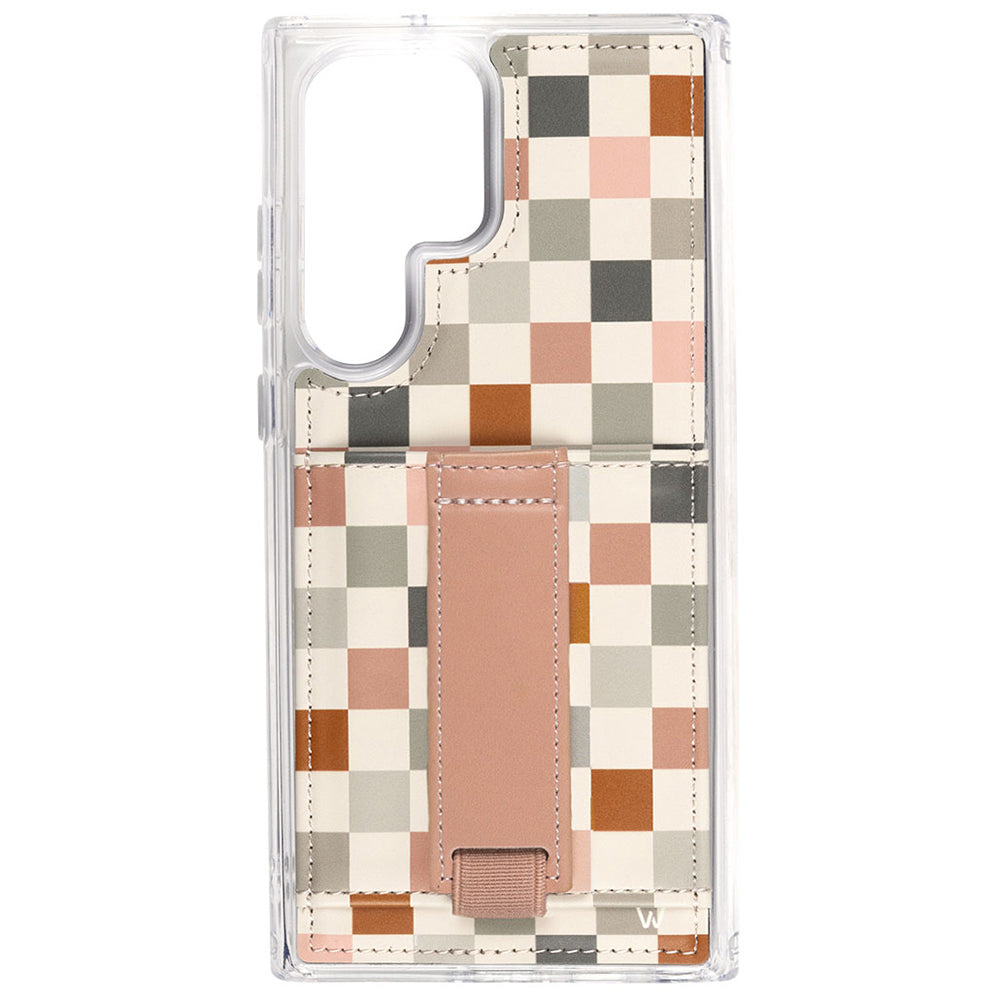 Clear phone case with patchwork checkered pattern and pink leather-style strap