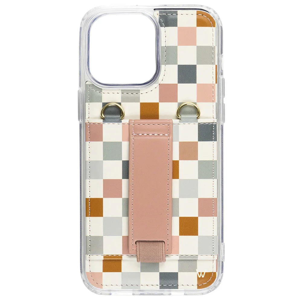 Transparent phone purse case with multicolor checkered patch and pink strap, gold rings