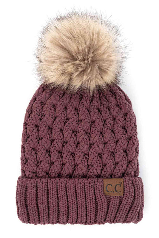Knit beanie with pom-pom, berry purple cable knit, ribbed cuff and C.C. label patch
