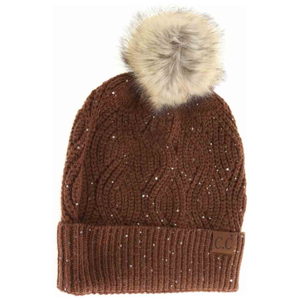 Sequin brioche cable knit beanie, brown with faux fur pom and ribbed cuff patch CC