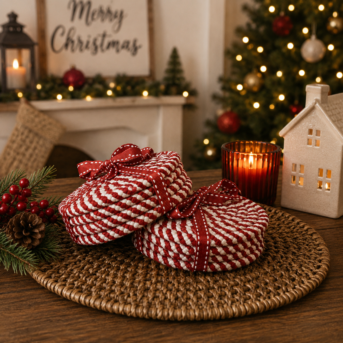 Braided candy cane coaster set of 4, red-and-white striped rounds tied with ribbon