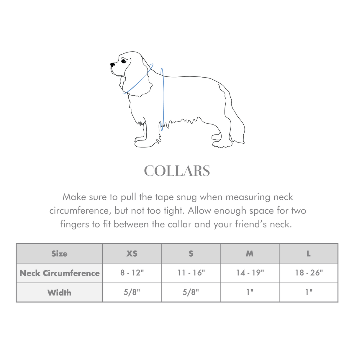 Dog collar size chart table: XS to L neck circumference and width