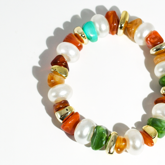 Pearl bead bracelet with orange, teal and green glass beads, gold-tone caps