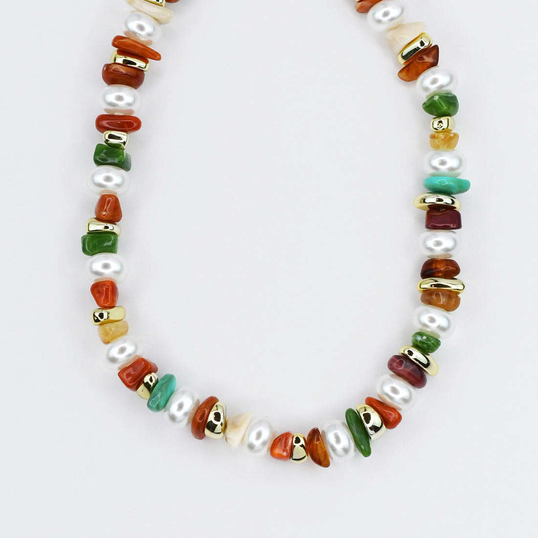 Colorful pearl necklace with multicolor ceramic-style beads and gold-toned spacers