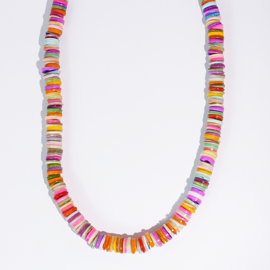 Multicolor bead gemstone necklace with round spacer beads, close-up view