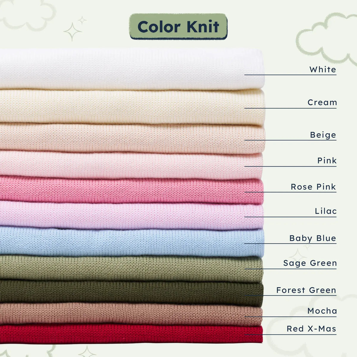 Stack of knitted fabric swatches showing multiple colors for a color selection
