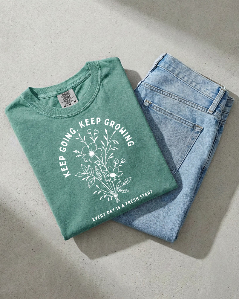 Keep Growing Botanical Garment-Dyed T-Shirt, Inspirational Plant Gift for Women