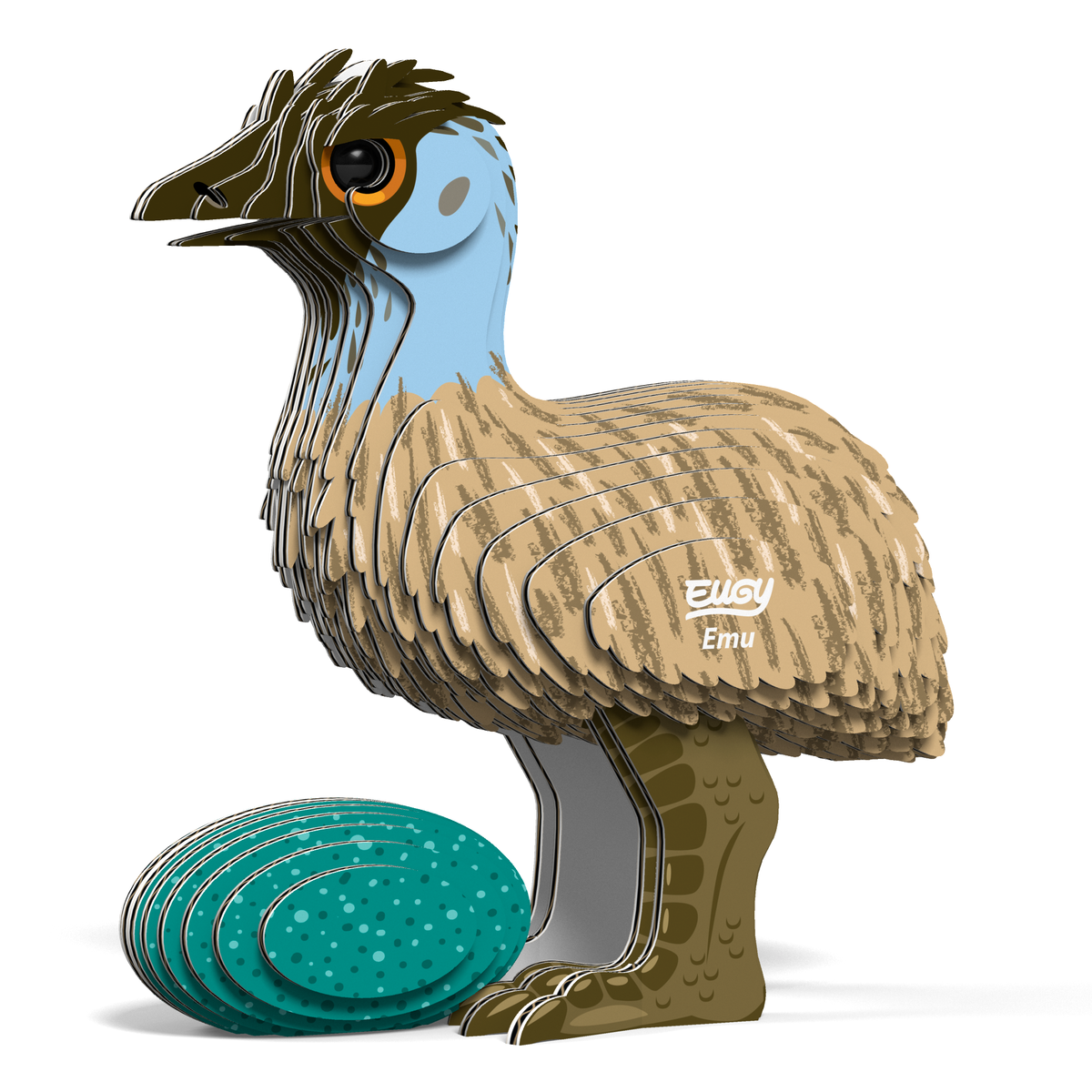 3D emu puzzle figure with teal speckled egg, standing beside egg