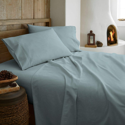 Organic flannel sheet set, light blue, flat sheet and pillowcases shown
