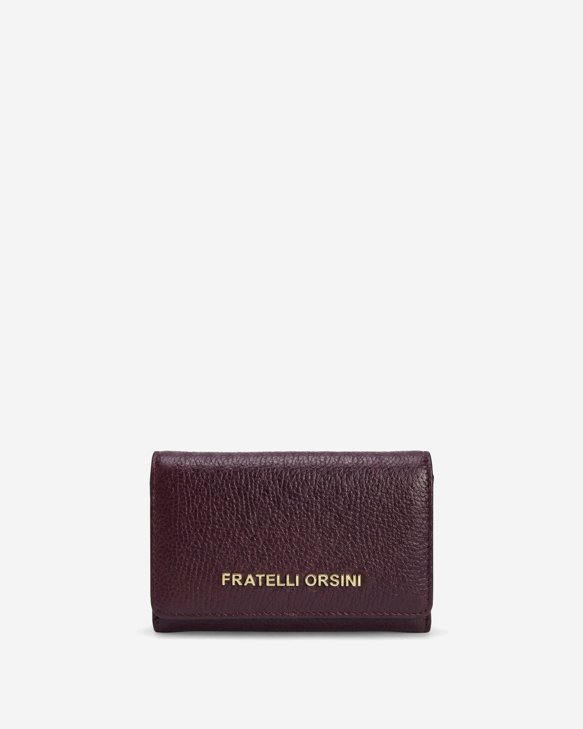Eggplant purple calf leather bi-fold wallet with gold logo on front