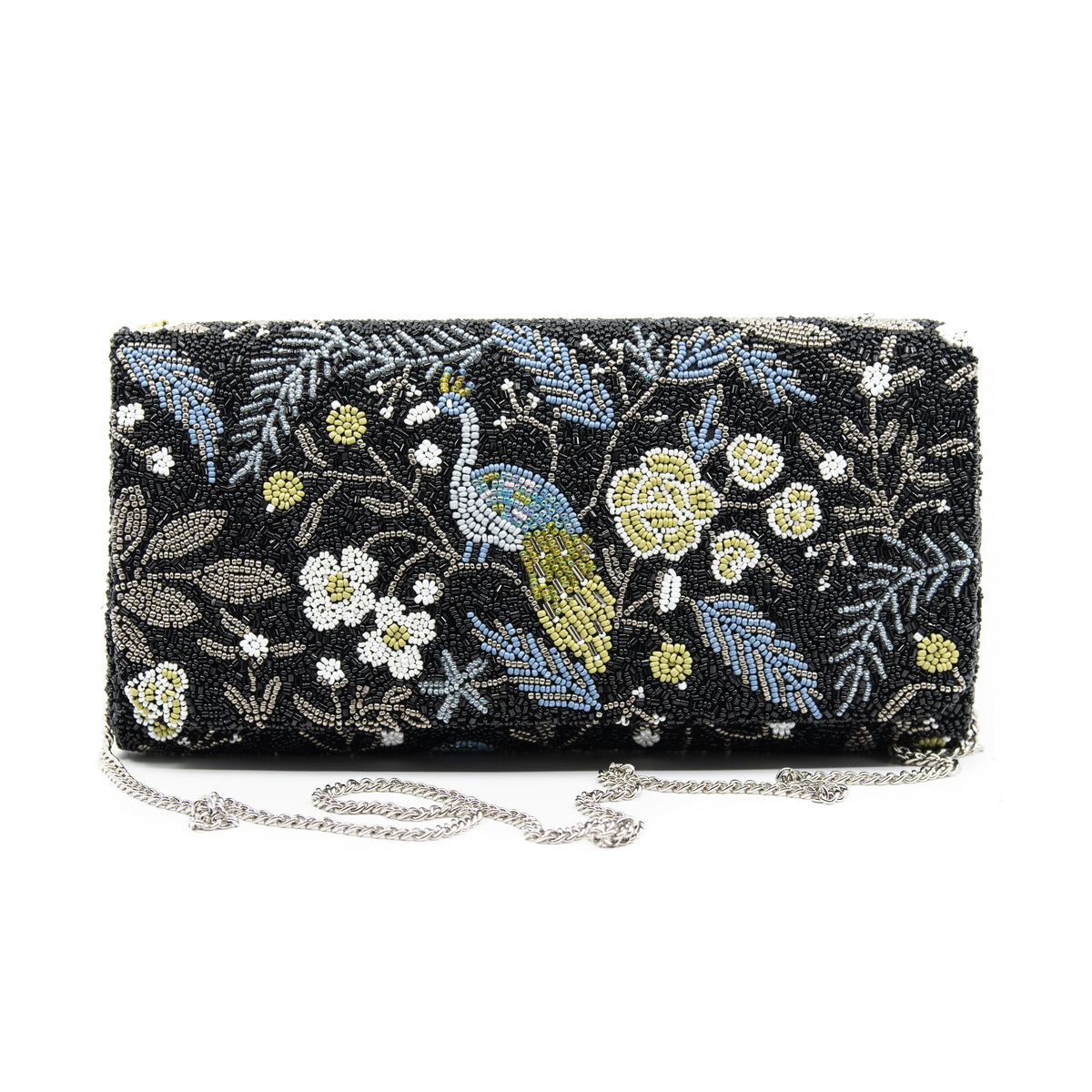 Bellini Belle beaded clutch with black floral bird design and chain strap