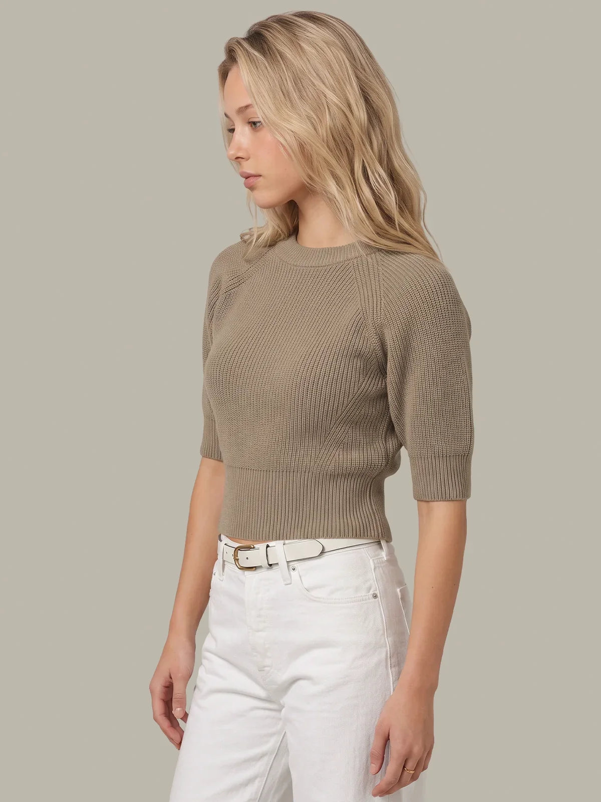 Mushroom heather ribbed crewneck pullover sweater, side view, short sleeves