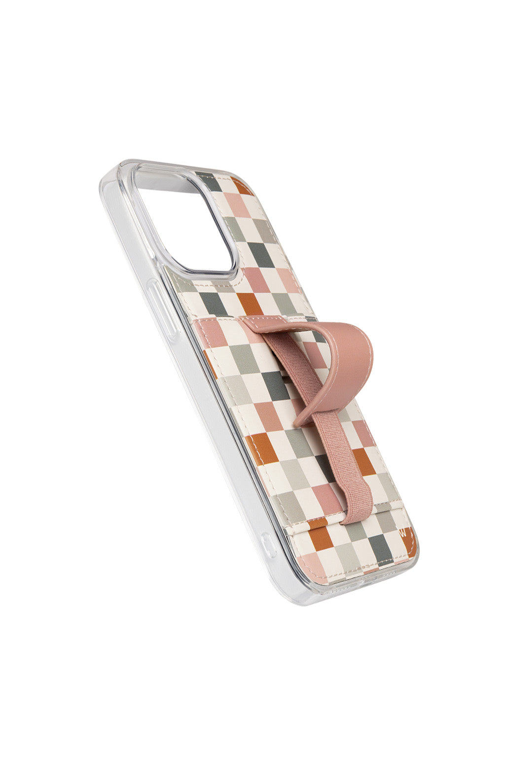 Clear checkered phone case with built-in pink strap for secure grip