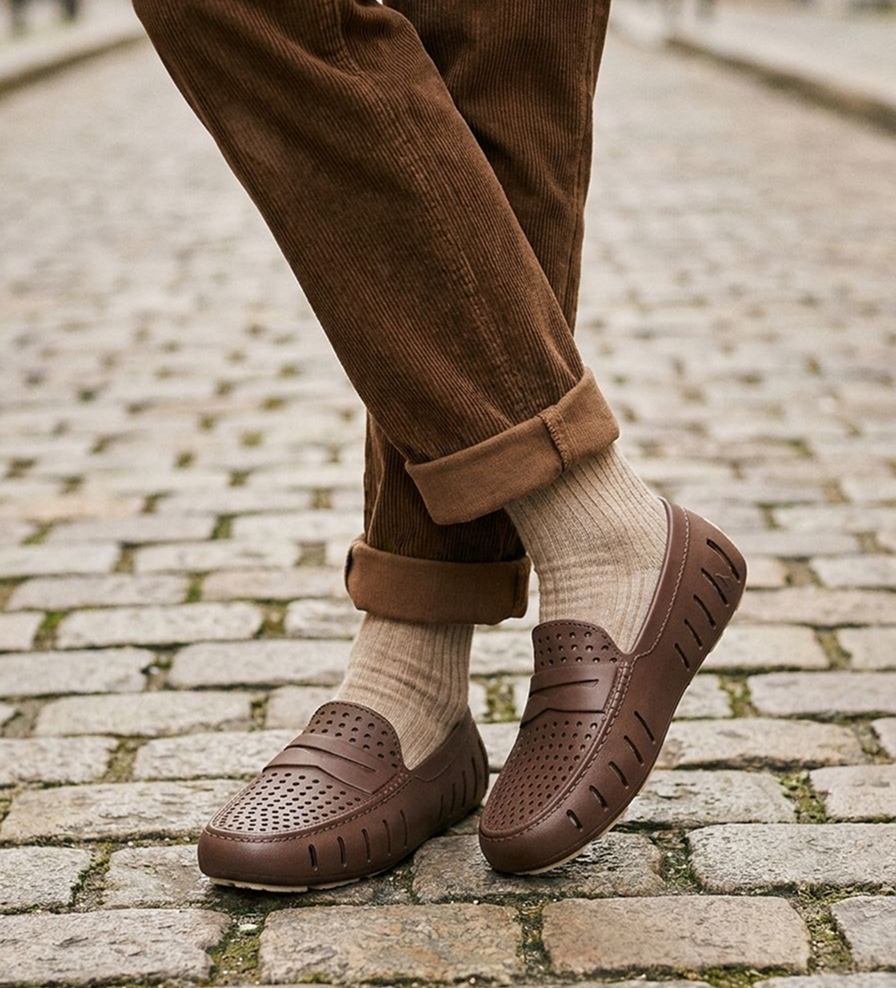 Men's brown perforated slip-on loafers worn with brown pants