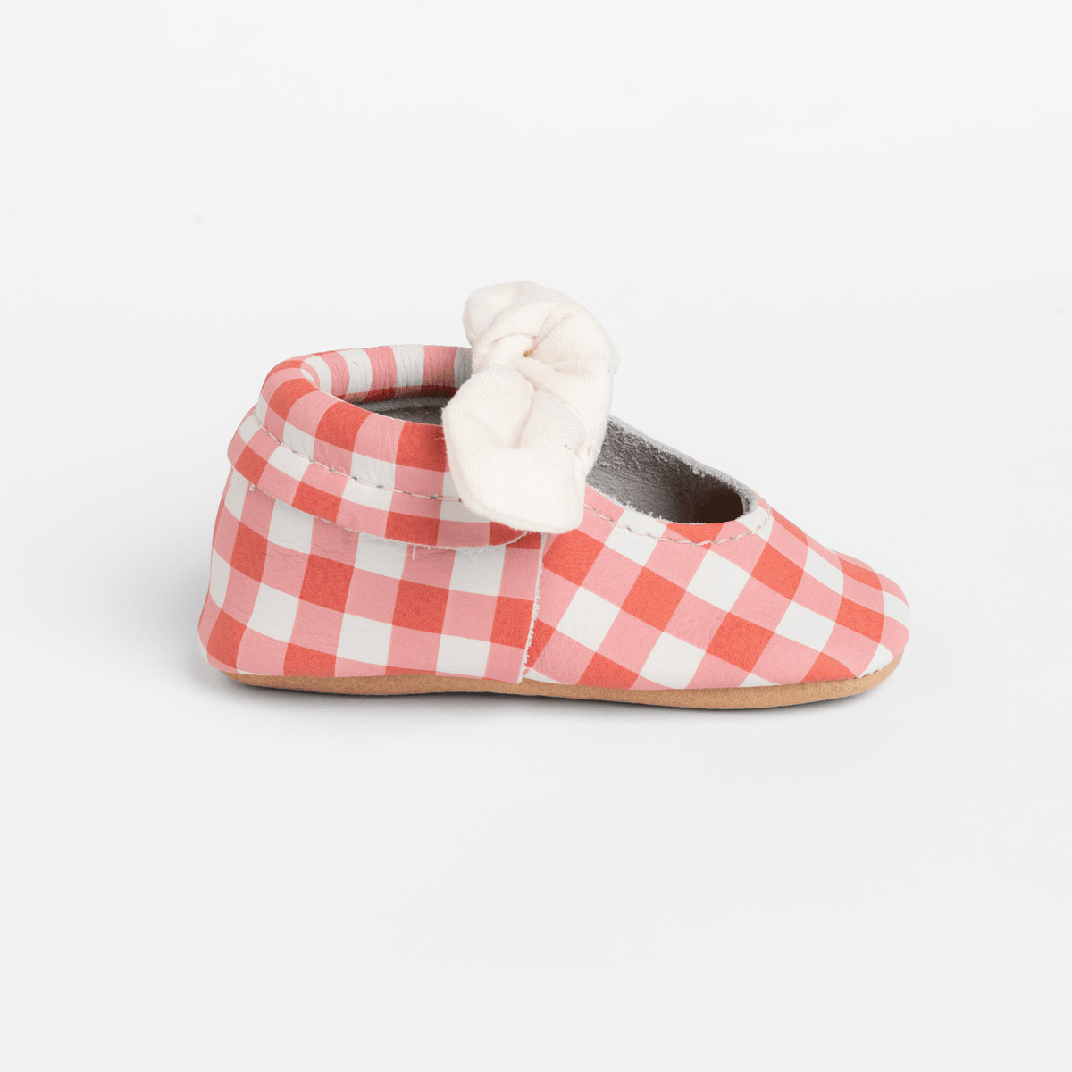 Red and white plaid baby shoe with round toe and knotted bow strap