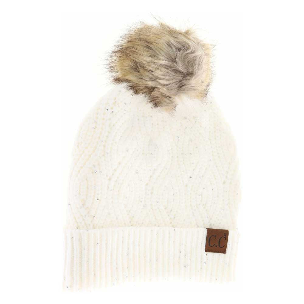 Sequin brioche cable knit beanie, cream with faux fur pom and ribbed cuff patch CC