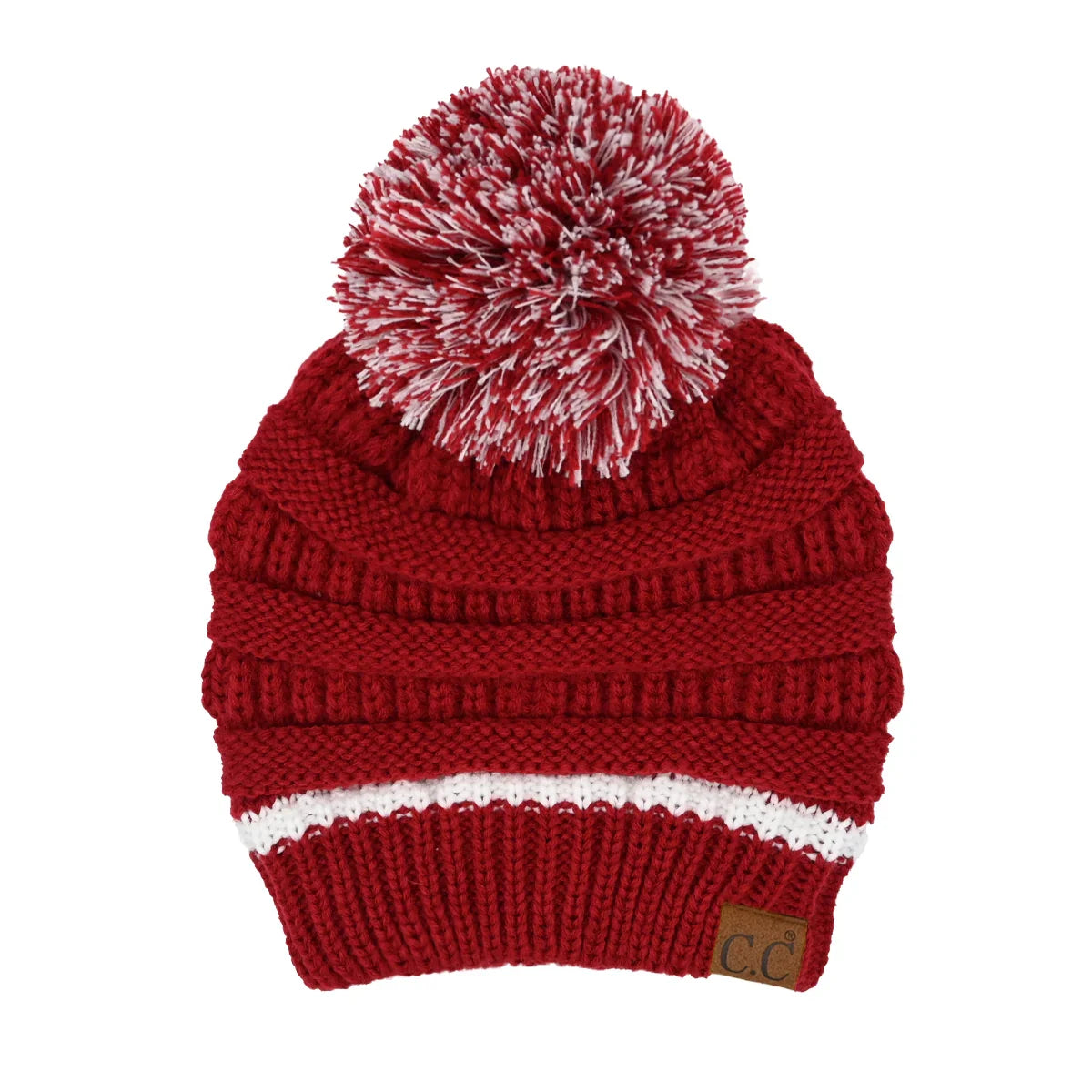 Crimson knit beanie with white pom-pom and C.C logo patch at cuff