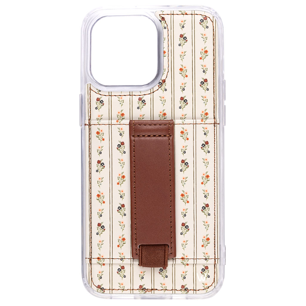 Floral clear phone case with brown leather-style strap on the back