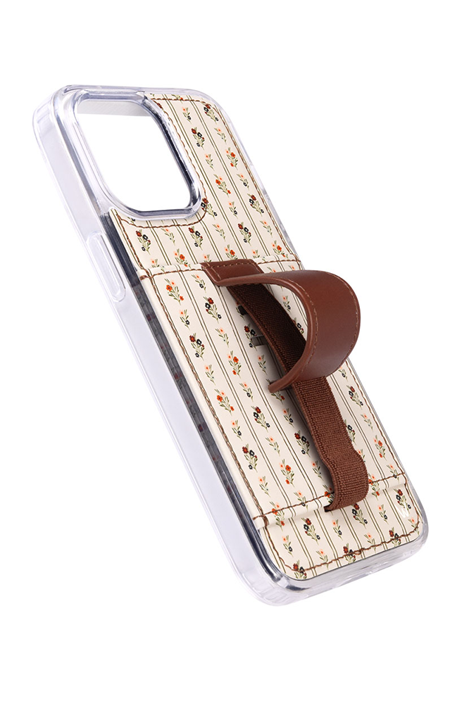 Transparent phone case with floral insert and brown strap