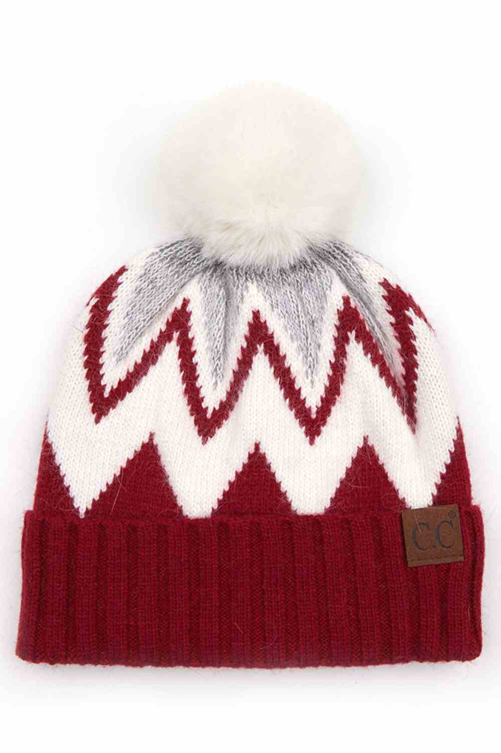 C.C chevron knit beanie with pom, red zigzag on white, ribbed red cuff, CC patch
