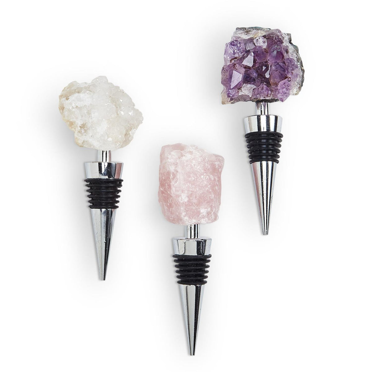 Naturally Bougie set of 3 crystal bottle stoppers: purple, white, and pink rough pieces