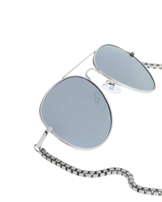 Cat-eye sunglasses with blue lenses and silver chain with clear crystal drops
