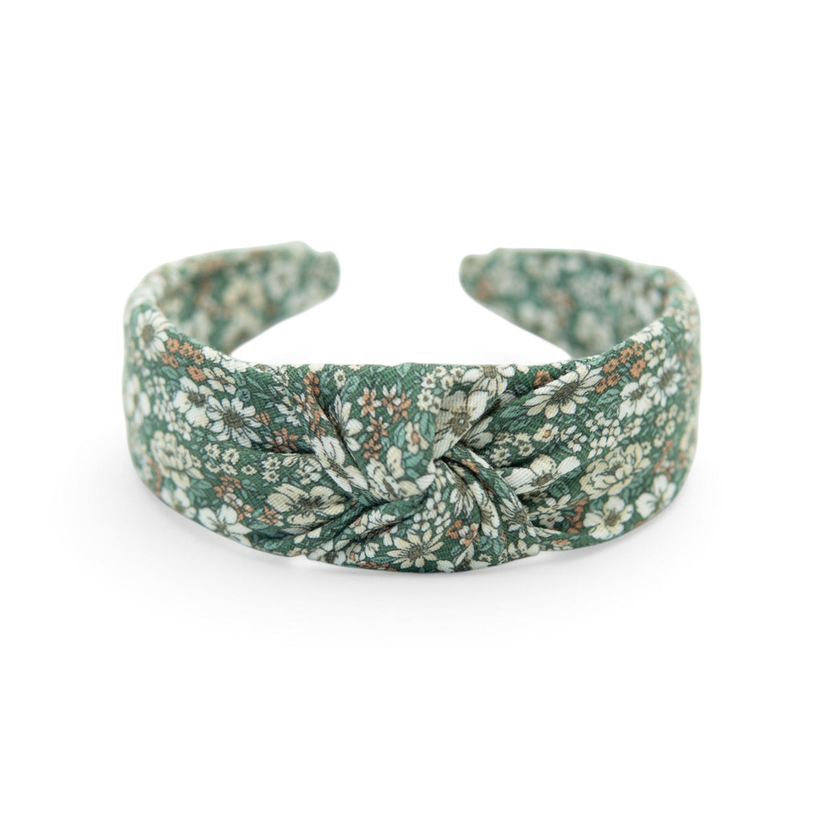 Green floral knotted headband with twisted front knot, wide fabric band