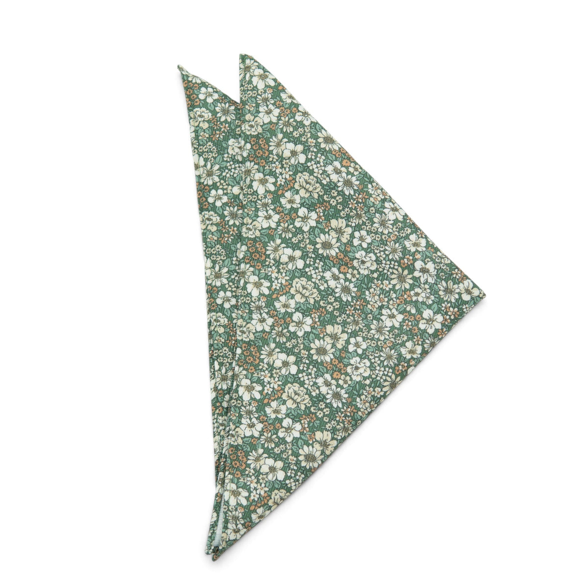 Floral pocket square in green, folded triangle corner