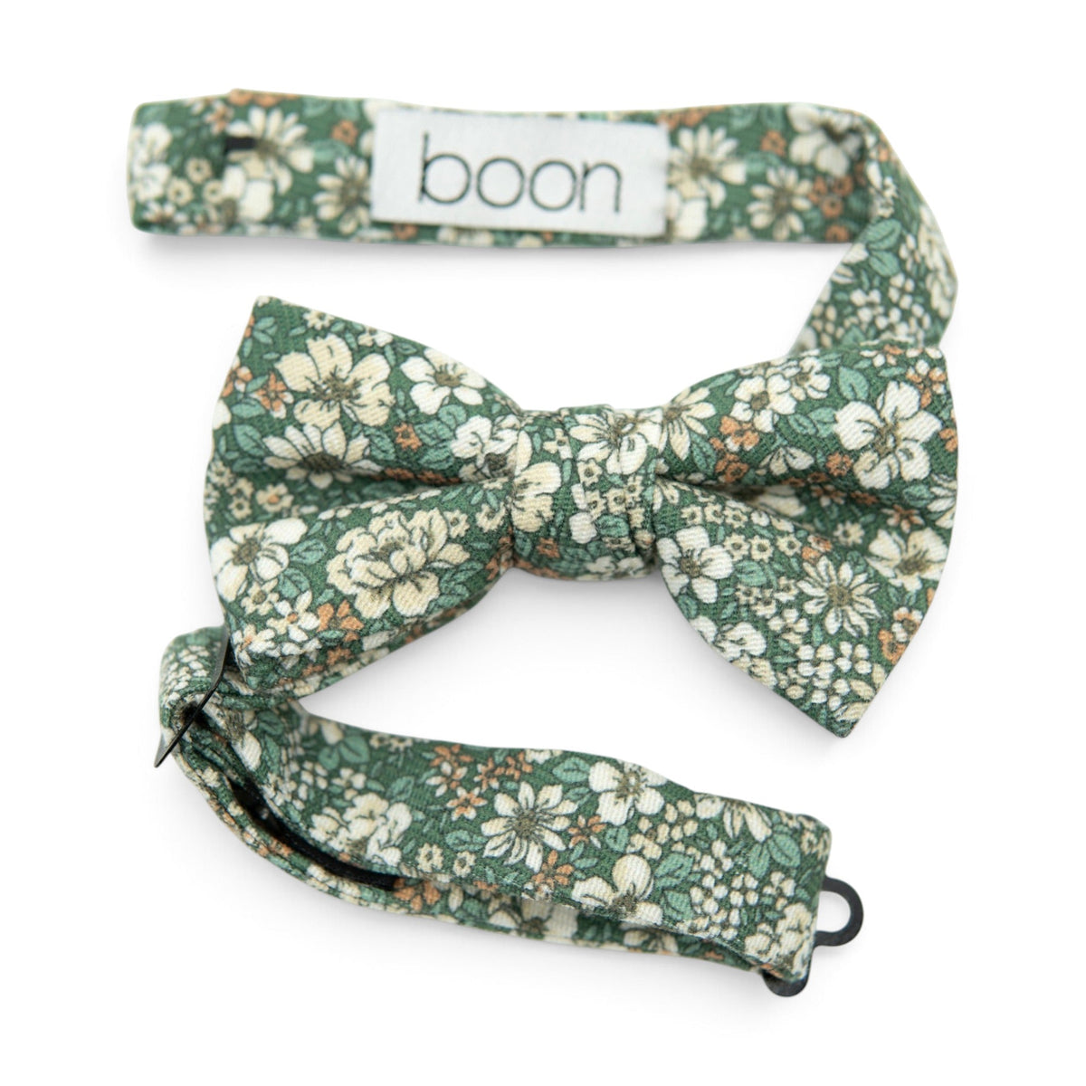 Green floral boys bow tie with white and tan blossoms, pre-tied style