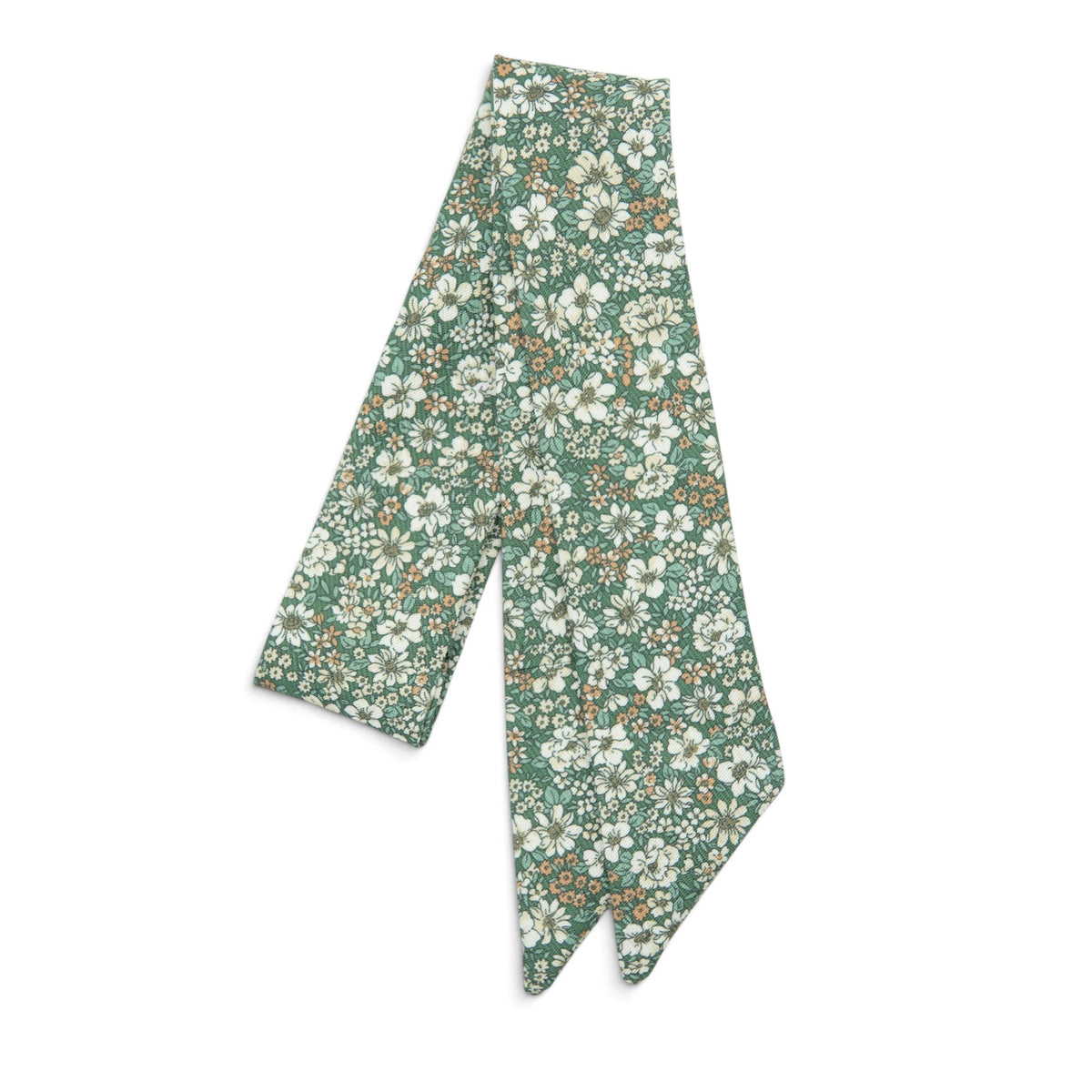 Floral hair sash in green with white daisy-style flowers and small orange accents.