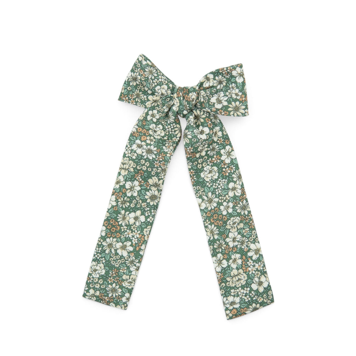 Green floral lady hair bow with tied ribbon tails and bow center