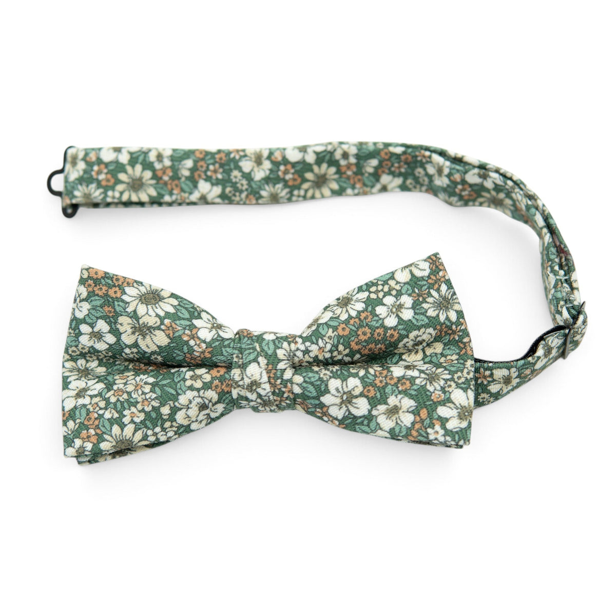 Men's pre-tied bow tie with green floral print and orange accents