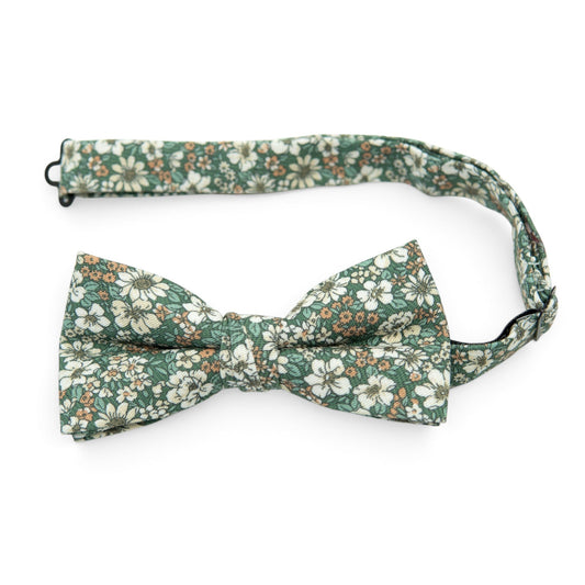Men's pre-tied bow tie with green floral print and orange accents