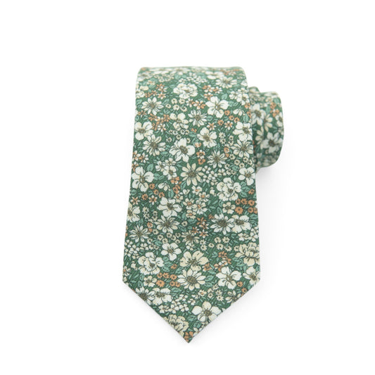 Men's floral tie, dark green with white flower pattern and small yellow accents