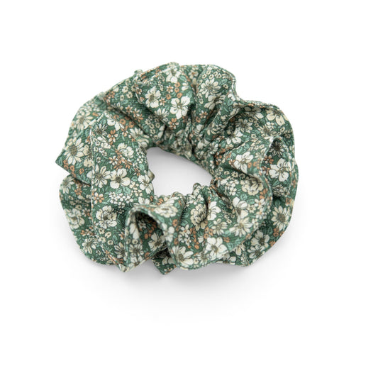 Floral hair scrunchie in green with white and warm orange blossoms