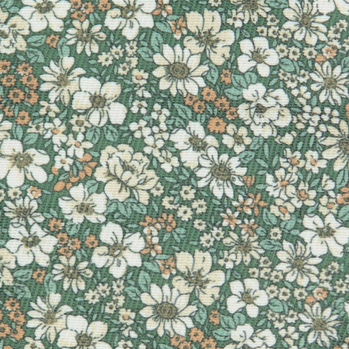 Floral fabric pattern hair scrunchie, green with white flowers and orange specks