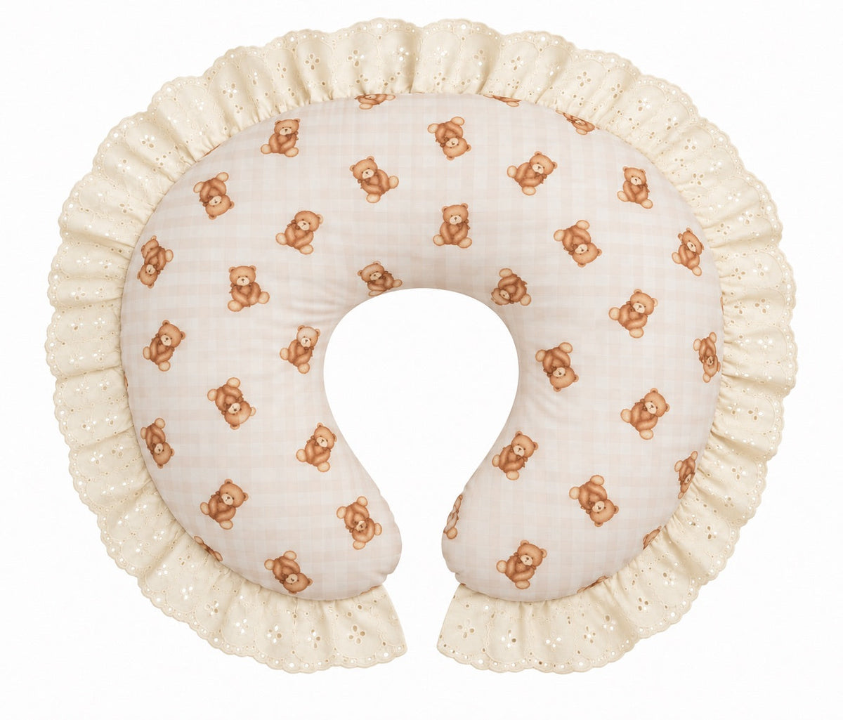 Nursing pillow cover with teddy bear print and ivory eyelet lace ruffle