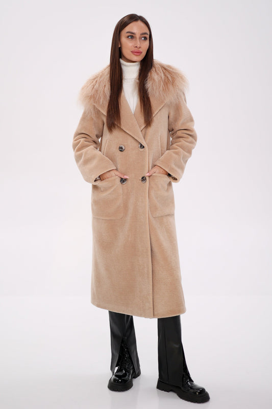 Front view of a beige wool coat with a fur collar and double-breasted button closure