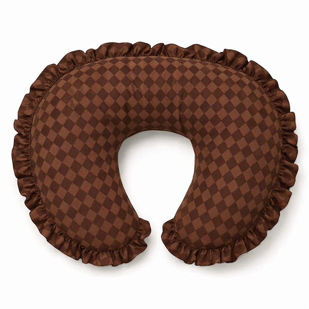 Brown diamond-check nursing pillow cover with ruffled trim