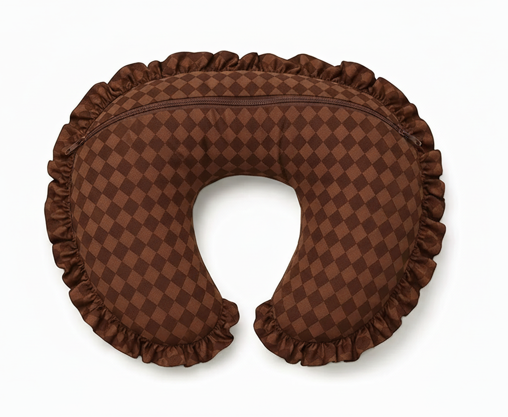 Brown diamond-check nursing pillow cover with ruffle and visible zipper