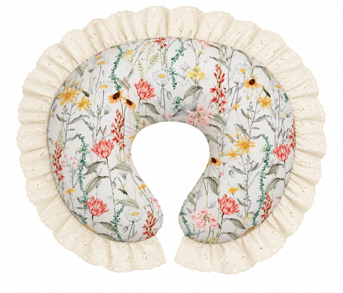 Nursing pillow cover with colorful wildflower print and ivory eyelet lace ruffle