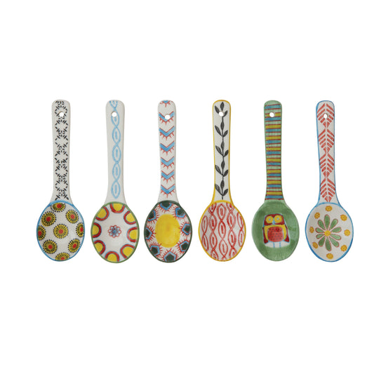 Hand-painted stoneware spoons with colorful patterns, set of 6