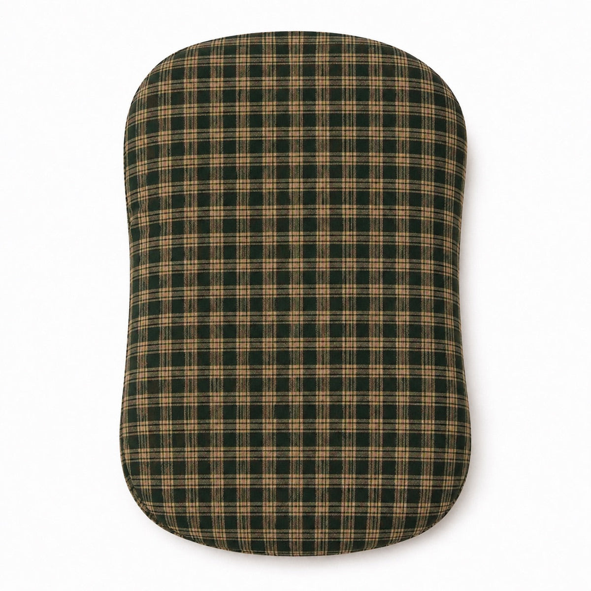Green plaid baby lounger cover with a smooth, unruffled edge