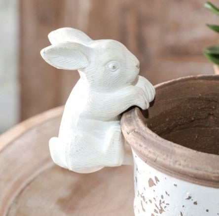 Bunny-style plant pot hanger, white rabbit figure gripping pot rim