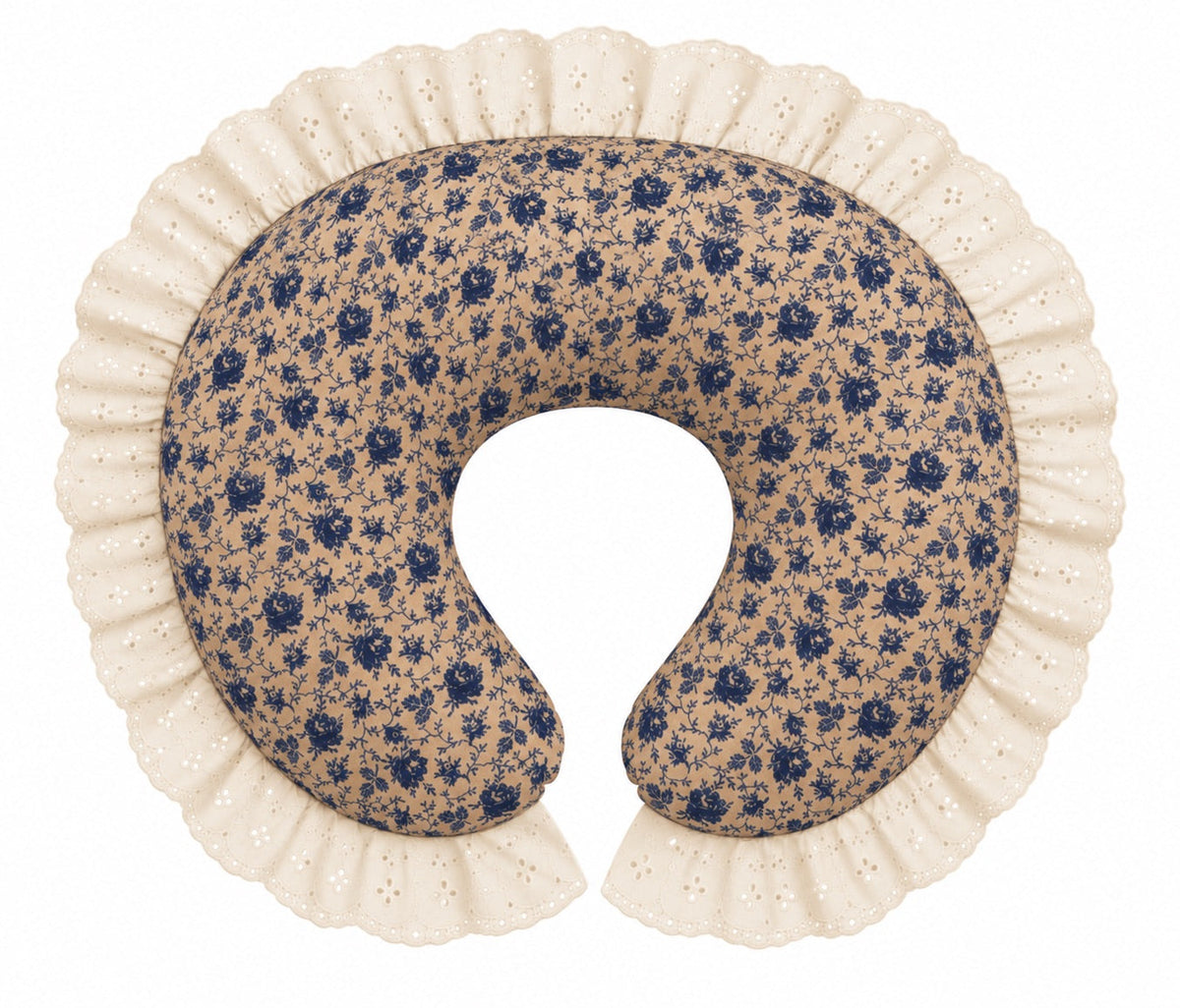 Beige floral nursing pillow cover with blue print and ivory eyelet lace ruffle