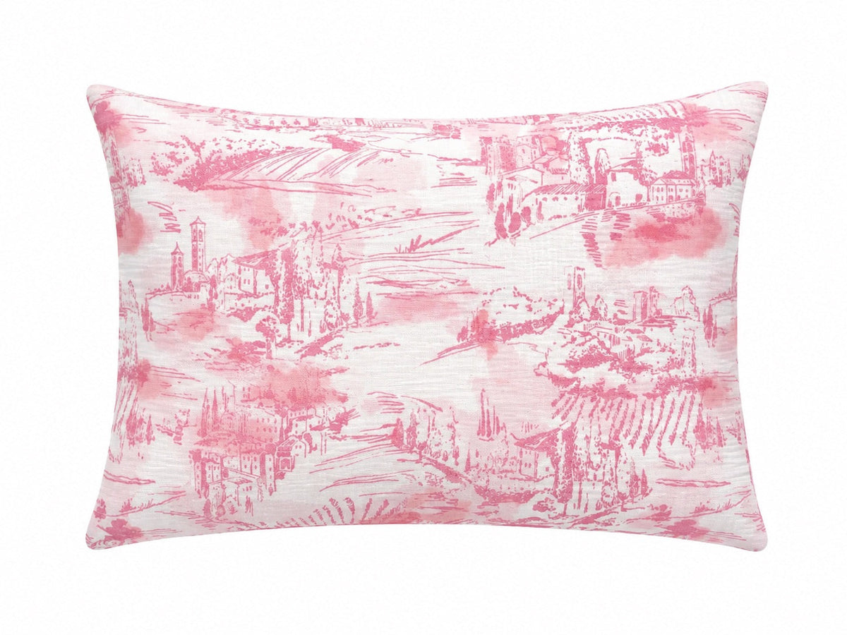 Pillowcase with a pink scenic toile print on white